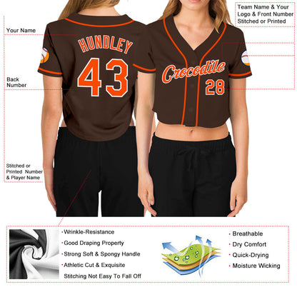 Custom Women's Brown Orange-White V-Neck Cropped Baseball Jersey - Sky-Custom