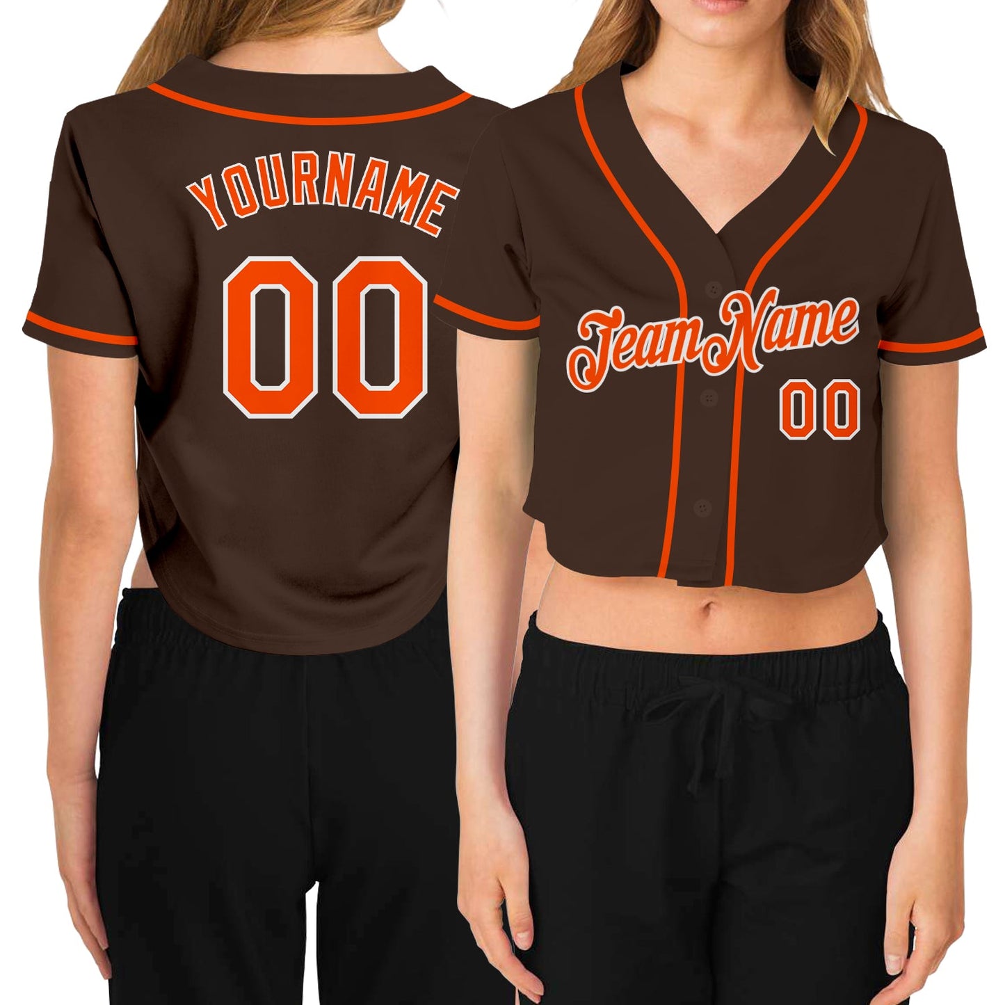 Custom Women's Brown Orange-White V-Neck Cropped Baseball Jersey - Sky-Custom
