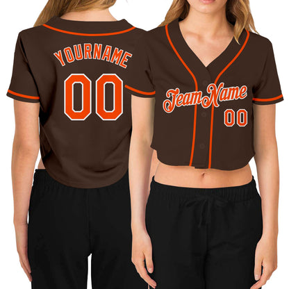 Custom Women's Brown Orange-White V-Neck Cropped Baseball Jersey - Sky-Custom