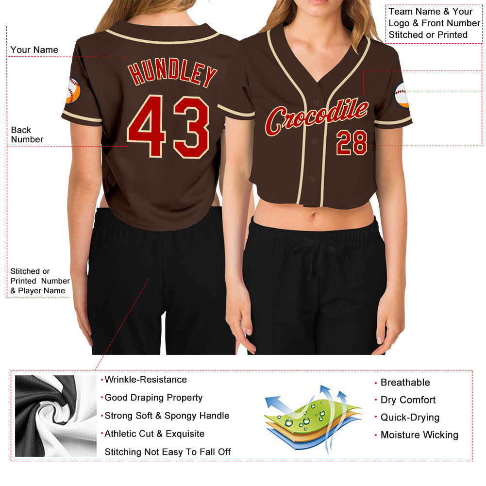 Custom Women's Brown Red-Cream V-Neck Cropped Baseball Jersey - Sky-Custom