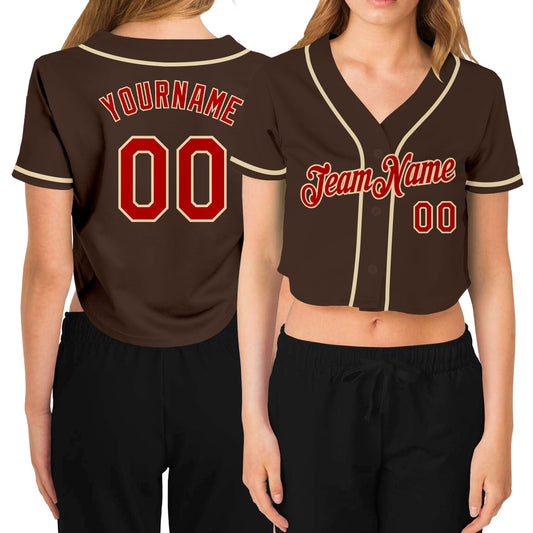 Custom Women's Brown Red-Cream V-Neck Cropped Baseball Jersey - Sky-Custom