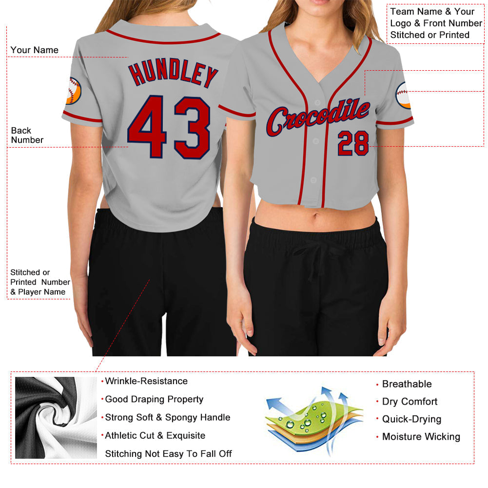 Custom Women's Gray Red-Navy V-Neck Cropped Baseball Jersey - Sky-Custom