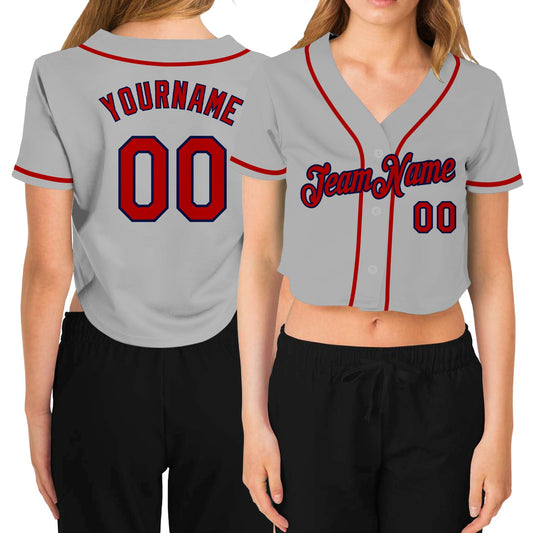 Custom Women's Gray Red-Navy V-Neck Cropped Baseball Jersey - Sky-Custom