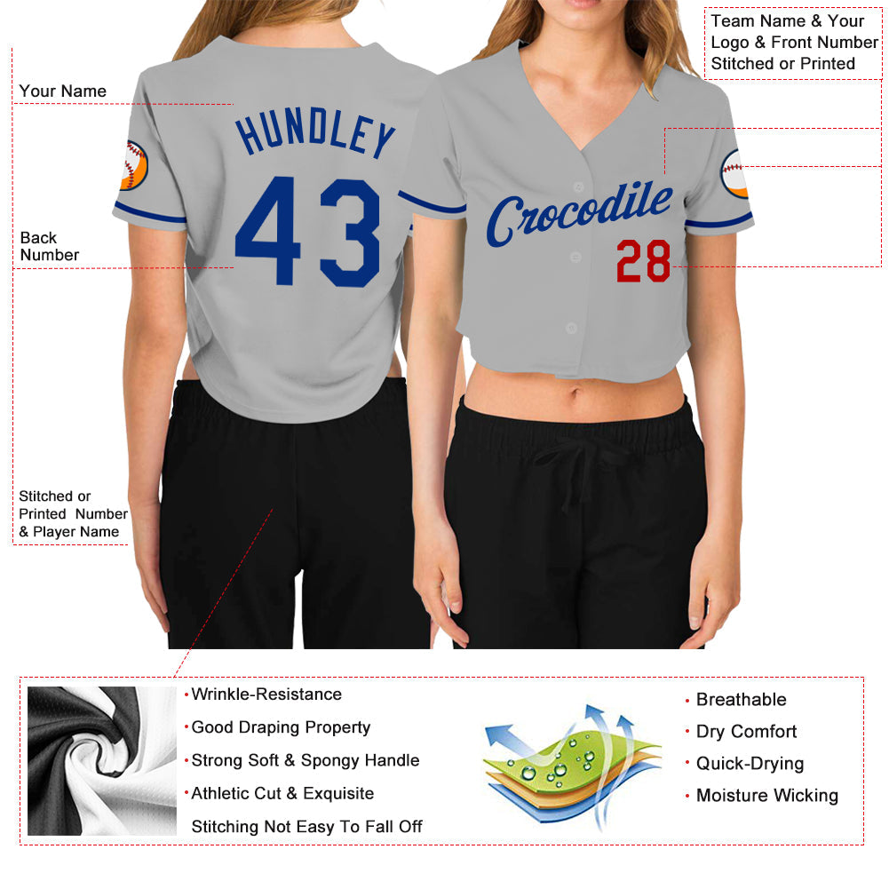 Custom Women's Gray Royal-Red V-Neck Cropped Baseball Jersey - Sky-Custom