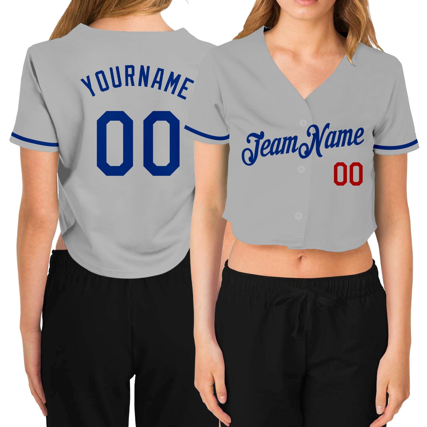 Custom Women's Gray Royal-Red V-Neck Cropped Baseball Jersey - Sky-Custom