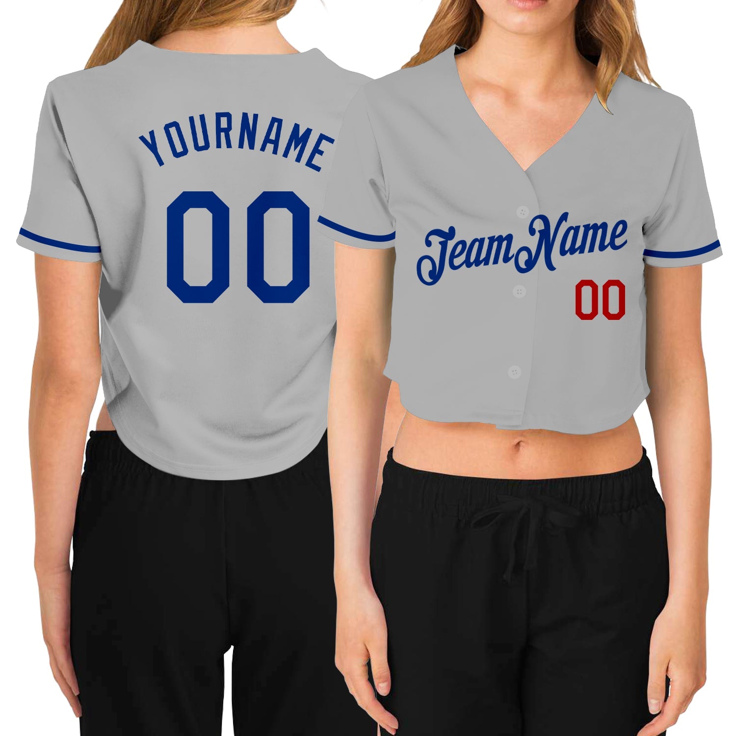 Custom Women's Gray Royal-Red V-Neck Cropped Baseball Jersey - Sky-Custom