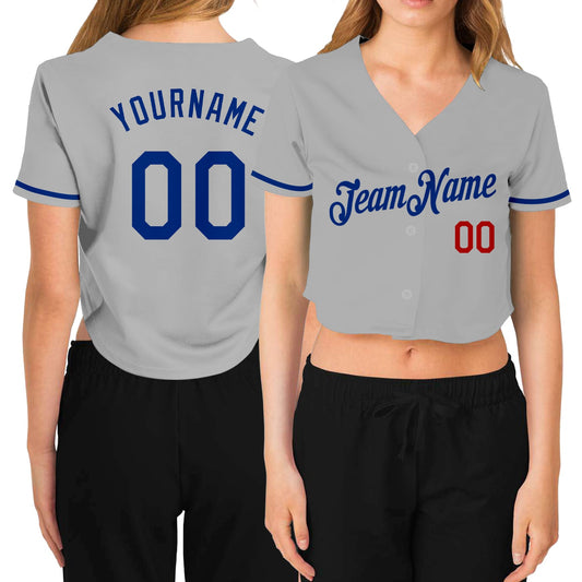 Custom Women's Gray Royal-Red V-Neck Cropped Baseball Jersey - Sky-Custom