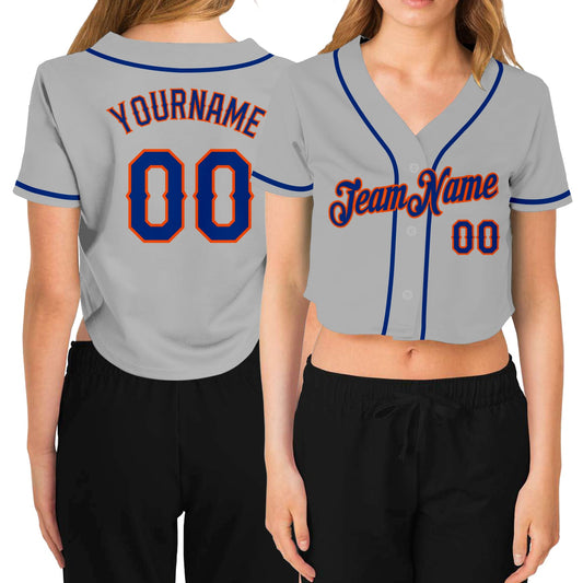 Custom Women's Gray Royal-Orange V-Neck Cropped Baseball Jersey - Sky-Custom