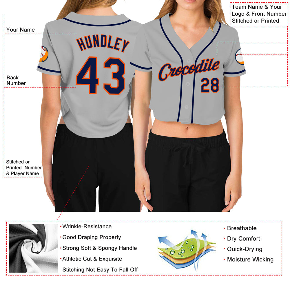 Custom Women's Gray Navy-Orange V-Neck Cropped Baseball Jersey - Sky-Custom