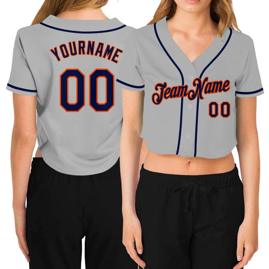 Custom Women's Gray Navy-Orange V-Neck Cropped Baseball Jersey - Sky-Custom