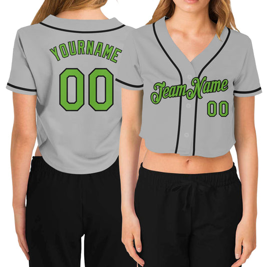 Custom Women's Gray Neon Green-Black V-Neck Cropped Baseball Jersey - Sky-Custom