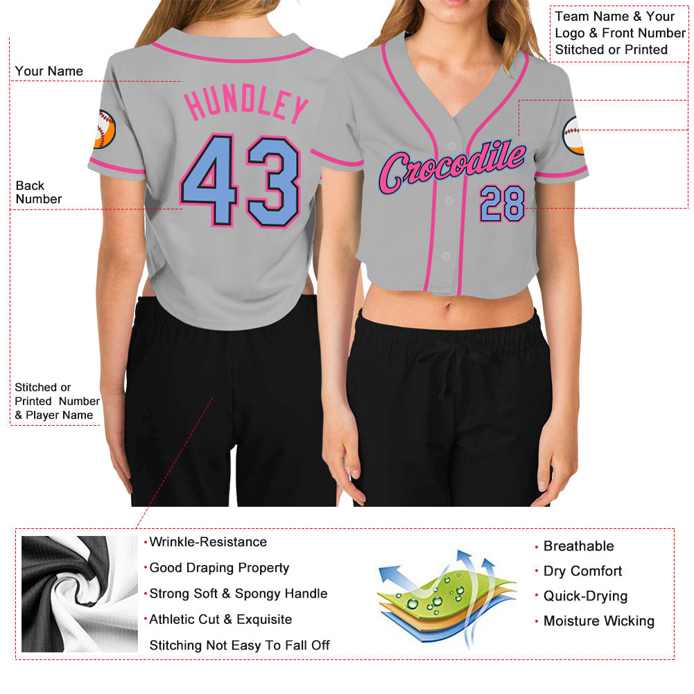 Custom Women's Gray Light Blue Black-Pink V-Neck Cropped Baseball Jersey - Sky-Custom
