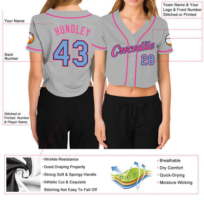 Custom Women's Gray Light Blue Black-Pink V-Neck Cropped Baseball Jersey - Sky-Custom