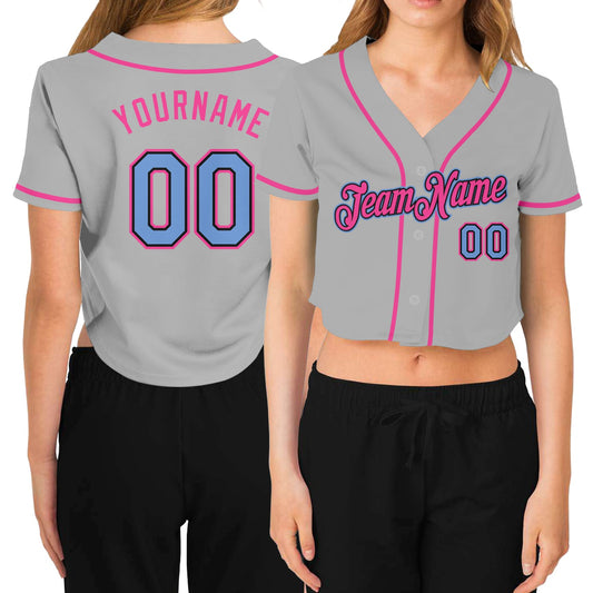 Custom Women's Gray Light Blue Black-Pink V-Neck Cropped Baseball Jersey - Sky-Custom