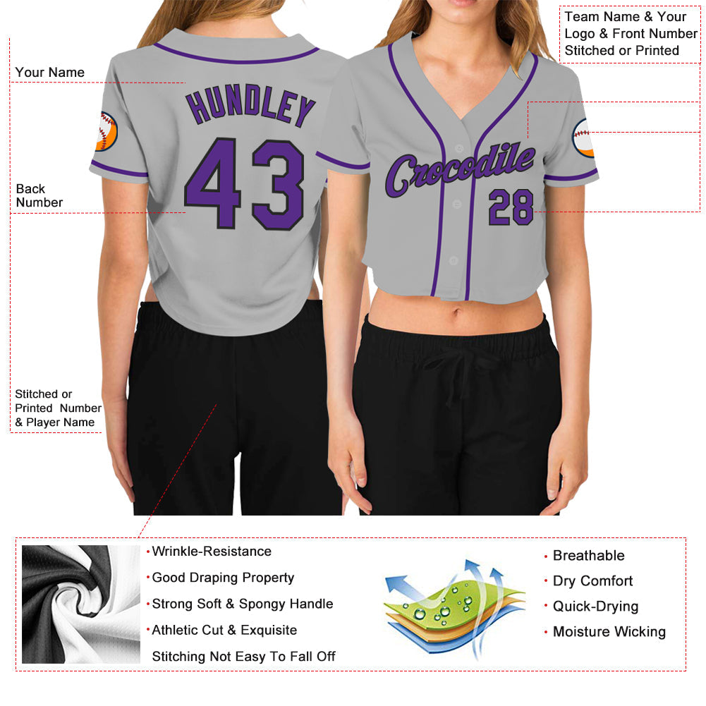 Custom Women's Gray Purple-Black V-Neck Cropped Baseball Jersey - Sky-Custom