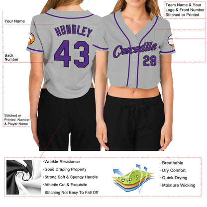 Custom Women's Gray Purple-Black V-Neck Cropped Baseball Jersey - Sky-Custom