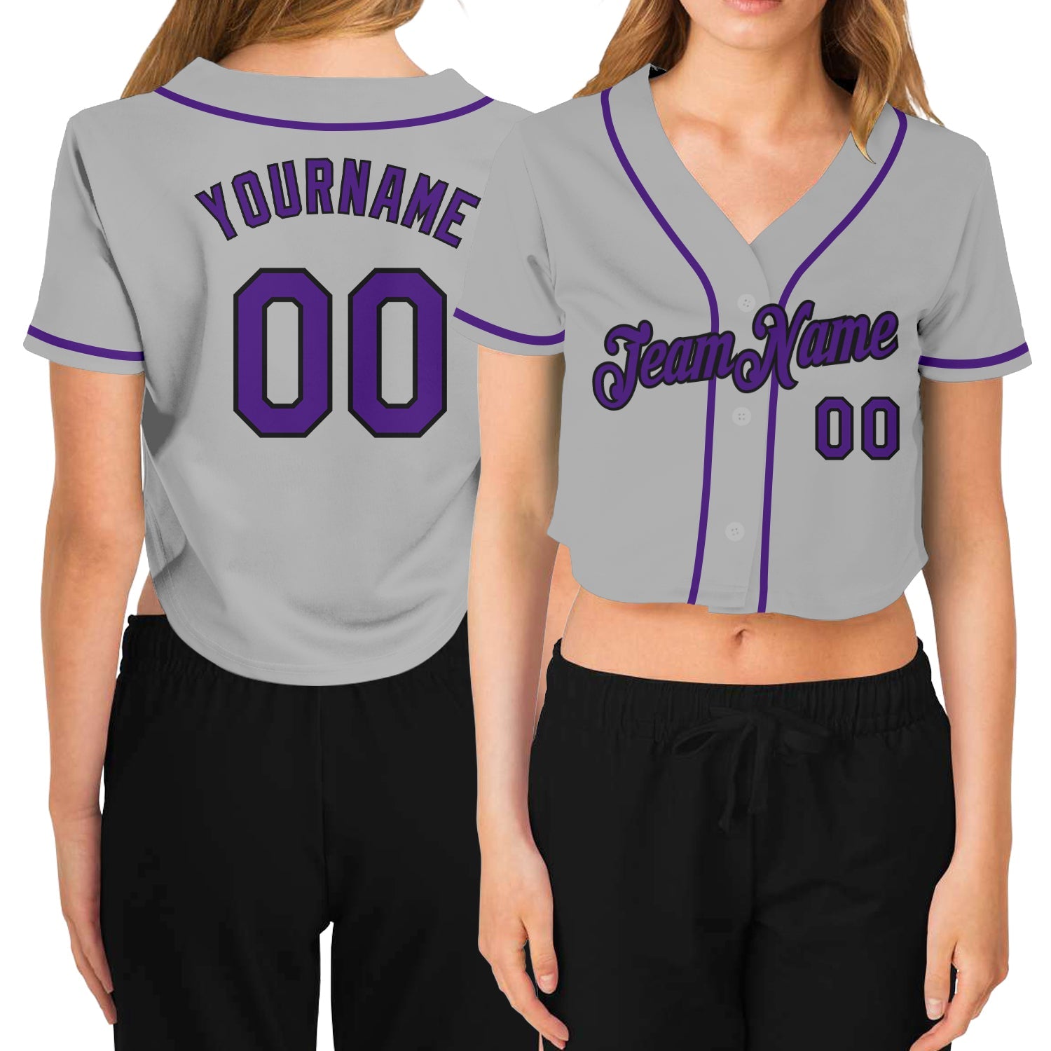 Custom Women's Gray Purple-Black V-Neck Cropped Baseball Jersey - Sky-Custom