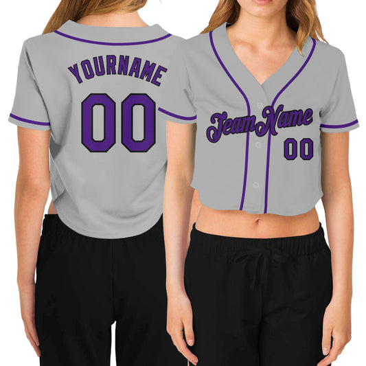 Custom Women's Gray Purple-Black V-Neck Cropped Baseball Jersey - Sky-Custom
