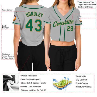 Custom Women's Gray Kelly Green-Old Gold V-Neck Cropped Baseball Jersey - Sky-Custom