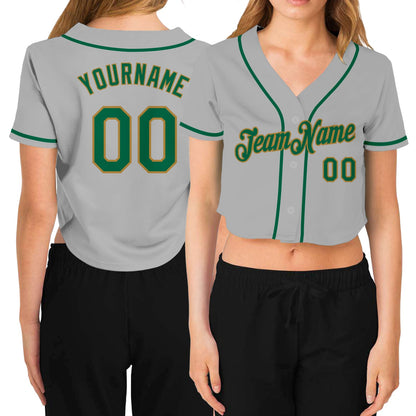 Custom Women's Gray Kelly Green-Old Gold V-Neck Cropped Baseball Jersey - Sky-Custom
