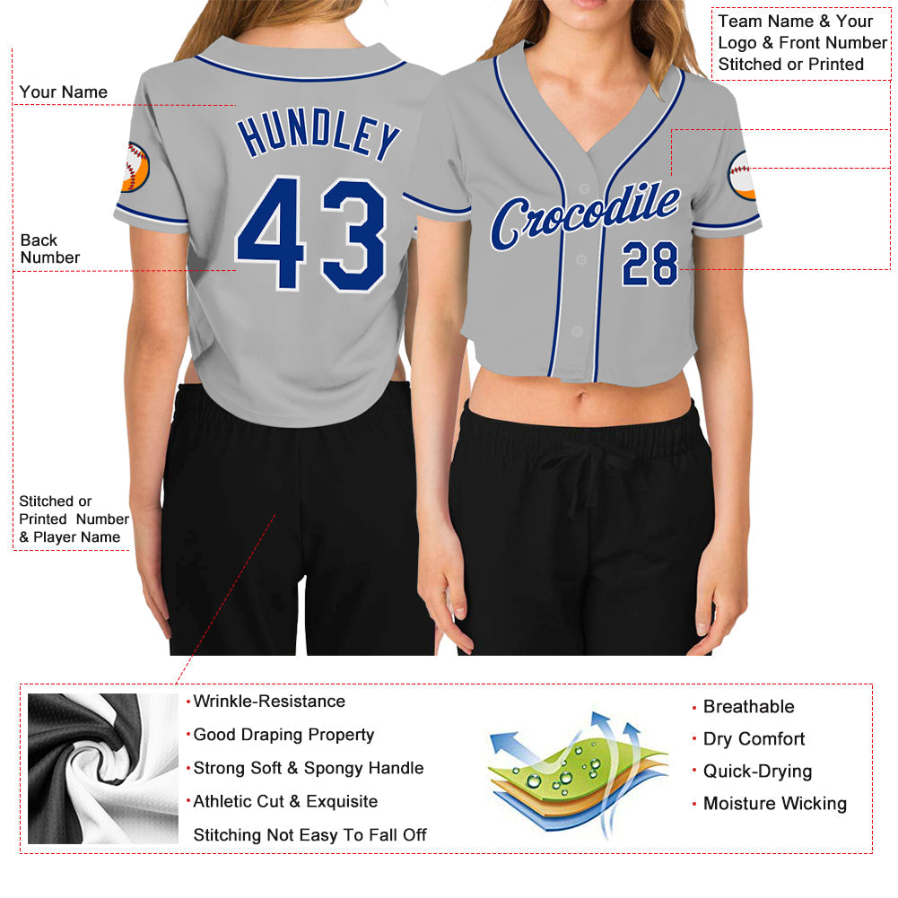 Custom Women's Gray Royal-White V-Neck Cropped Baseball Jersey - Sky-Custom