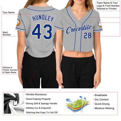 Custom Women's Gray Royal-White V-Neck Cropped Baseball Jersey - Sky-Custom