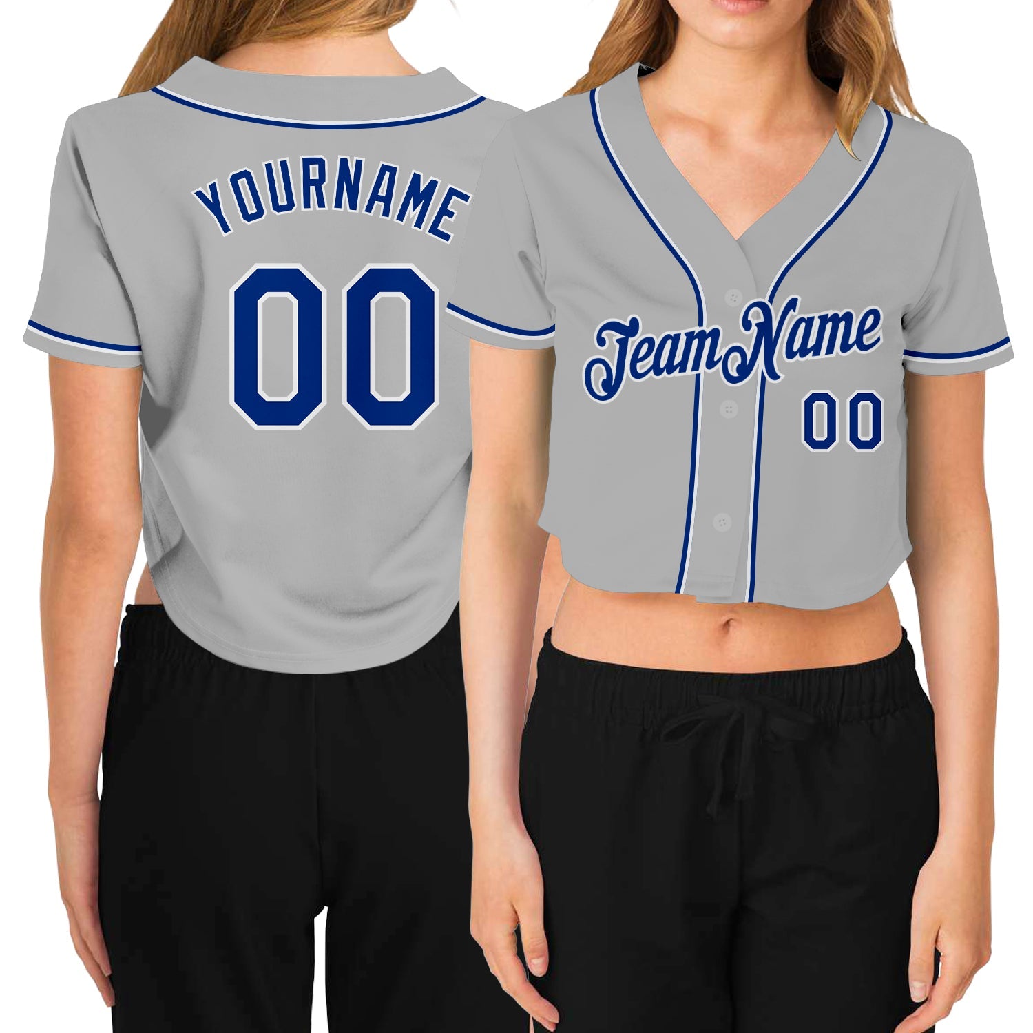 Custom Women's Gray Royal-White V-Neck Cropped Baseball Jersey - Sky-Custom