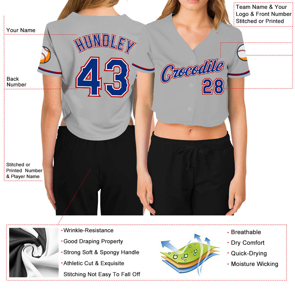 Custom Women's Gray Royal White-Red V-Neck Cropped Baseball Jersey - Sky-Custom