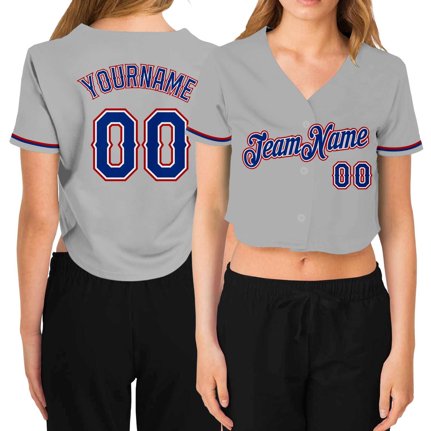 Custom Women's Gray Royal White-Red V-Neck Cropped Baseball Jersey - Sky-Custom