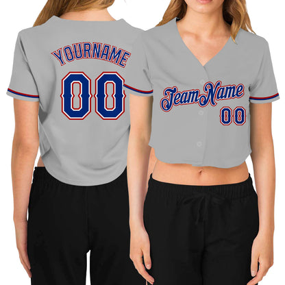 Custom Women's Gray Royal White-Red V-Neck Cropped Baseball Jersey - Sky-Custom