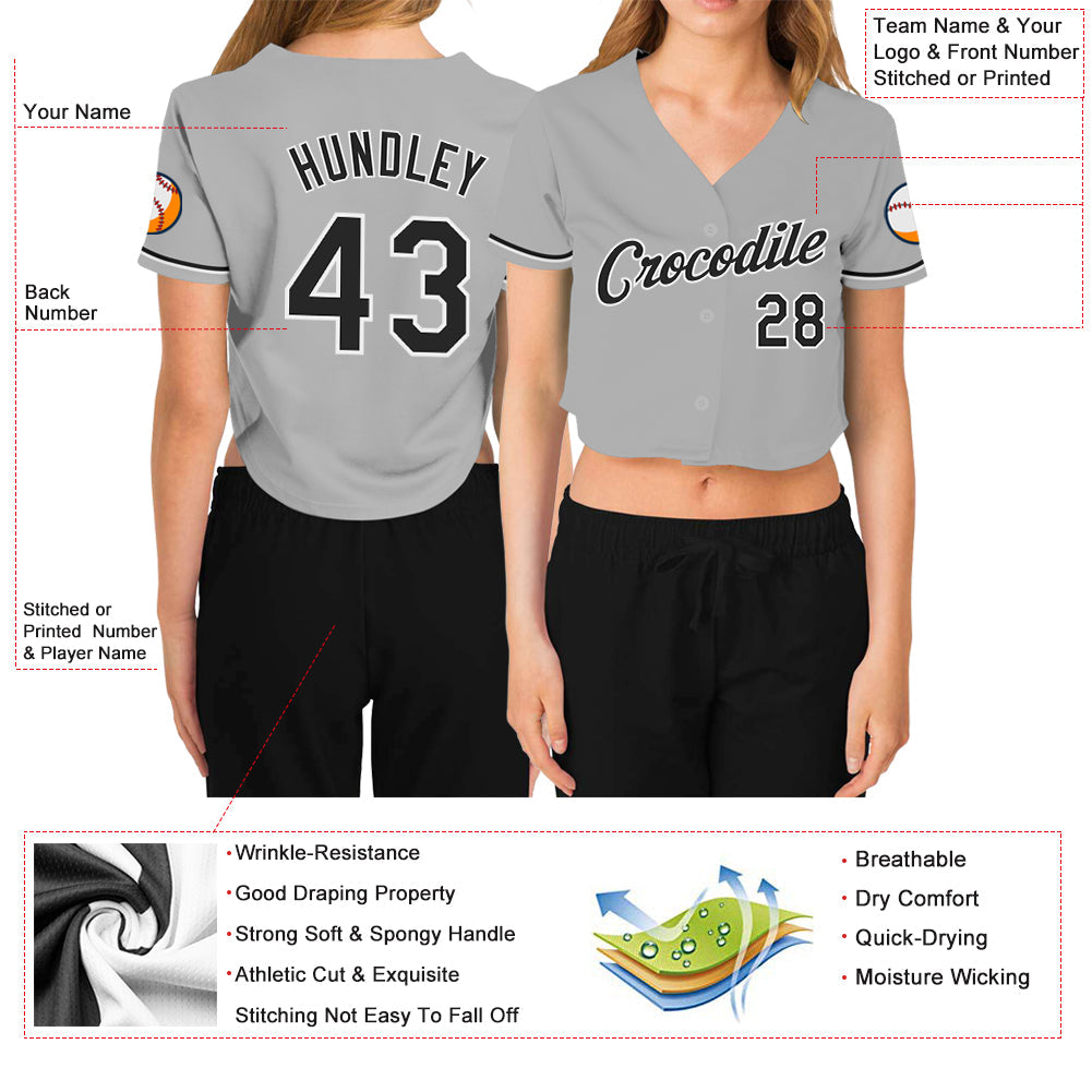 Custom Women's Gray Black-White V-Neck Cropped Baseball Jersey - Sky-Custom