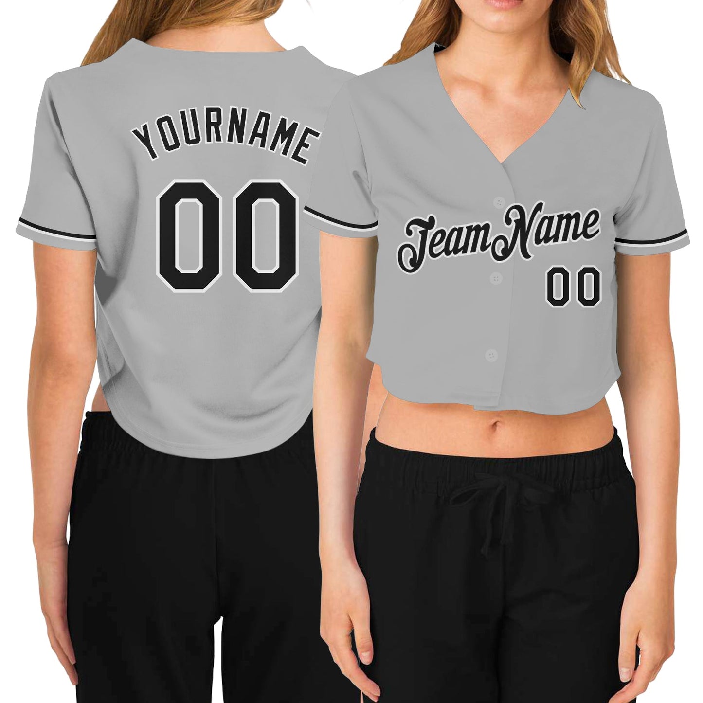 Custom Women's Gray Black-White V-Neck Cropped Baseball Jersey - Sky-Custom
