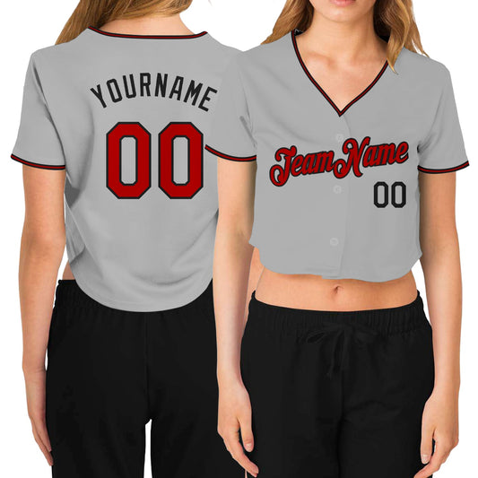 Custom Women's Gray Red-Black V-Neck Cropped Baseball Jersey - Sky-Custom