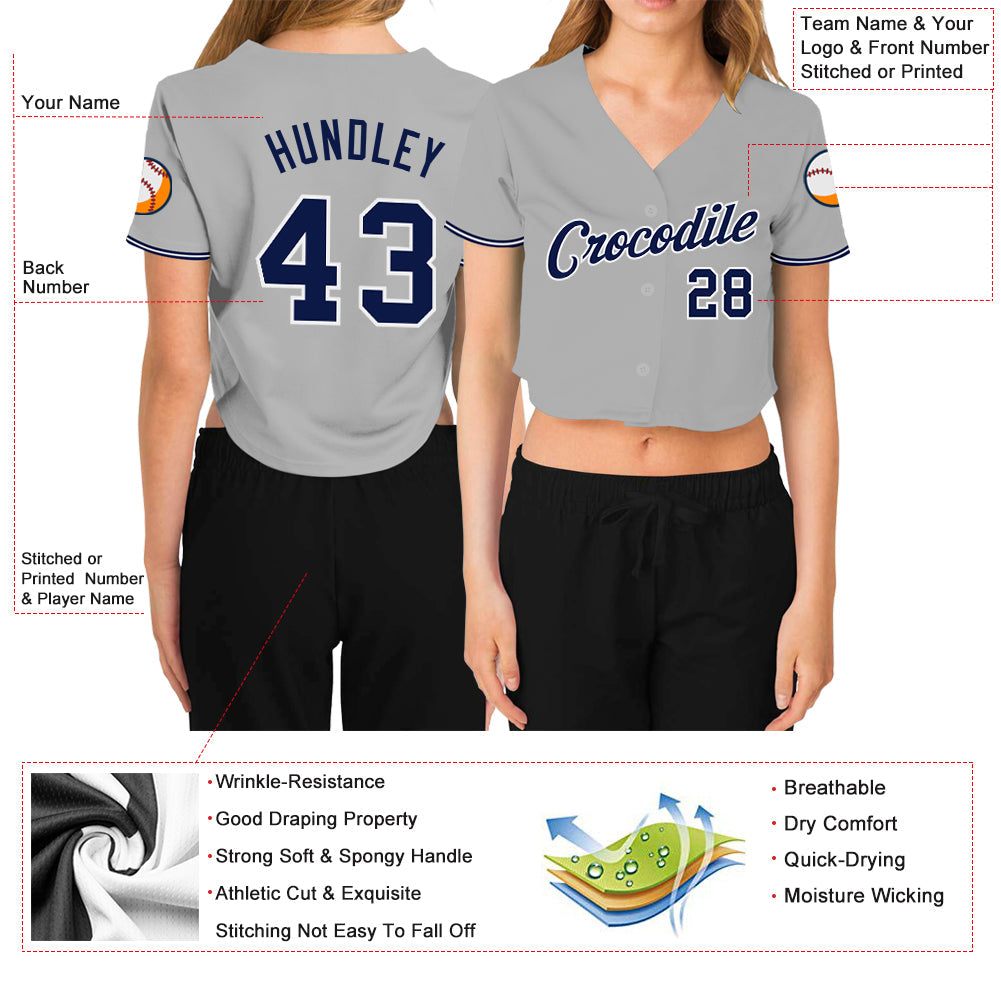 Custom Women's Gray Navy-White V-Neck Cropped Baseball Jersey - Sky-Custom