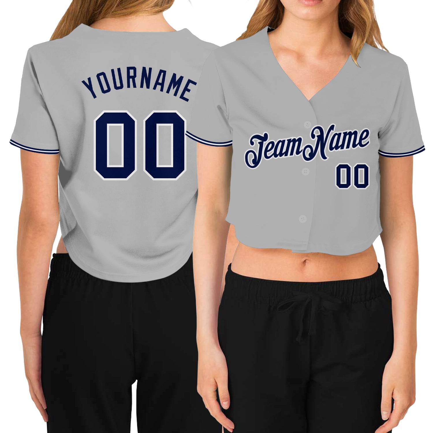 Custom Women's Gray Navy-White V-Neck Cropped Baseball Jersey - Sky-Custom