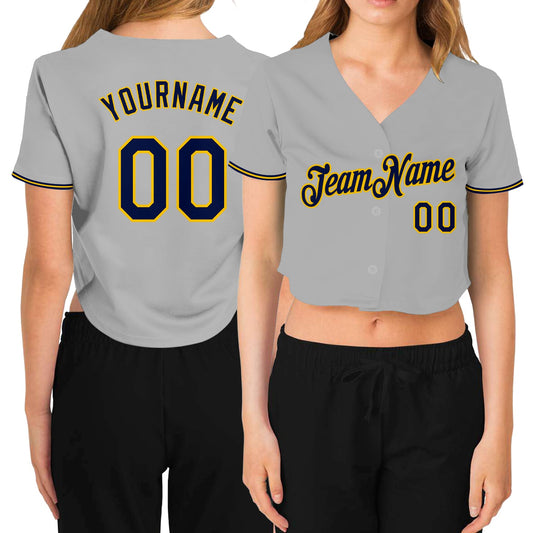 Custom Women's Gray Navy-Gold V-Neck Cropped Baseball Jersey - Sky-Custom