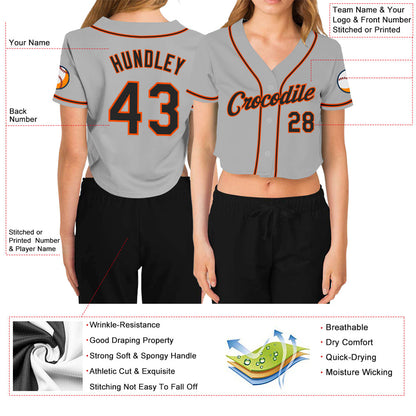 Custom Women's Gray Black-Orange V-Neck Cropped Baseball Jersey - Sky-Custom