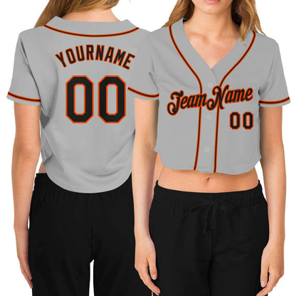 Custom Women's Gray Black-Orange V-Neck Cropped Baseball Jersey - Sky-Custom