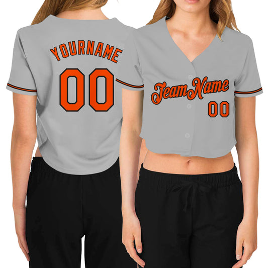 Custom Women's Gray Orange-Black V-Neck Cropped Baseball Jersey - Sky-Custom