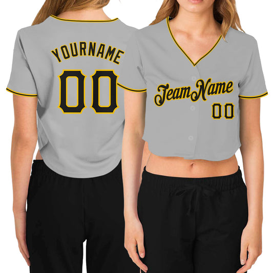 Custom Women's Gray Black-Gold V-Neck Cropped Baseball Jersey - Sky-Custom