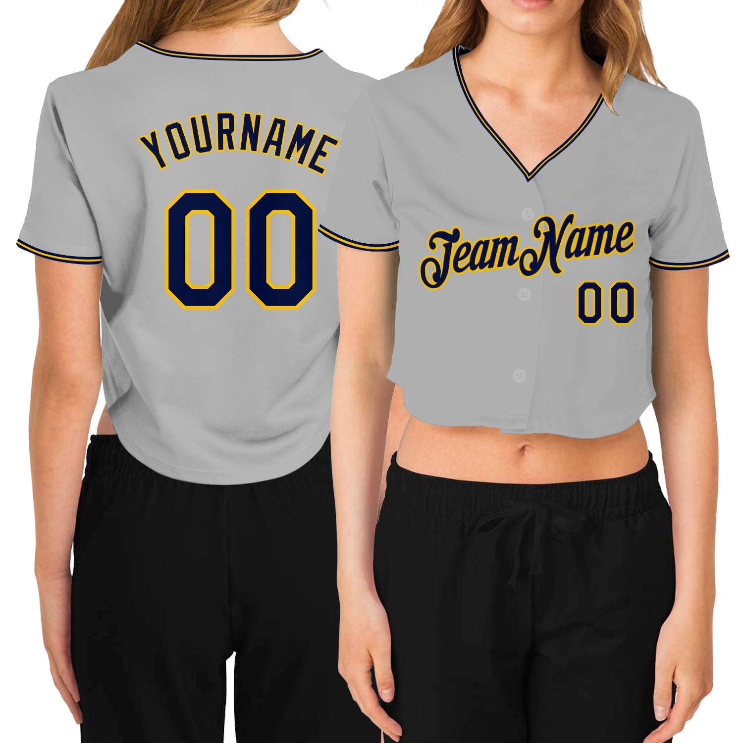 Custom Women's Gray Navy-Gold V-Neck Cropped Baseball Jersey - Sky-Custom