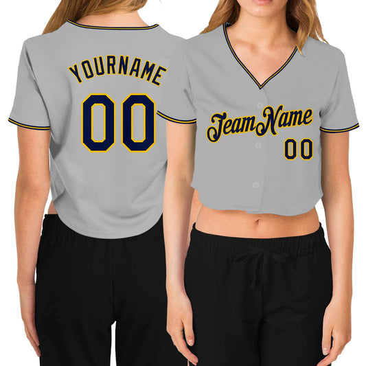 Custom Women's Gray Navy-Gold V-Neck Cropped Baseball Jersey - Sky-Custom