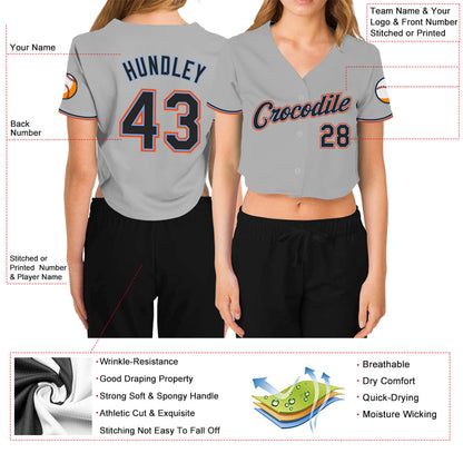 Custom Women's Gray Black Powder Blue-Orange V-Neck Cropped Baseball Jersey - Sky-Custom