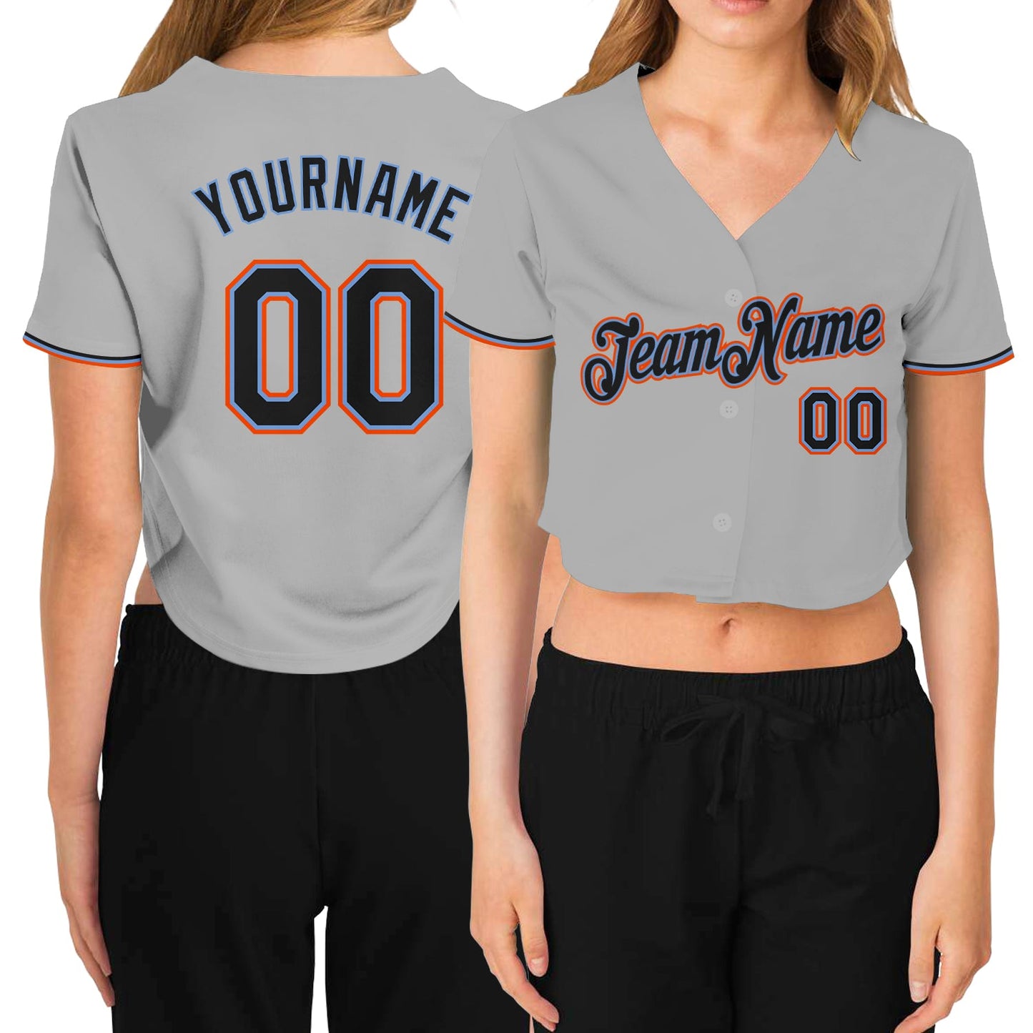 Custom Women's Gray Black Powder Blue-Orange V-Neck Cropped Baseball Jersey - Sky-Custom