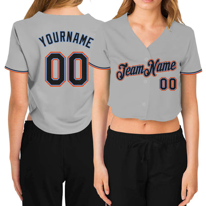 Custom Women's Gray Black Powder Blue-Orange V-Neck Cropped Baseball Jersey - Sky-Custom