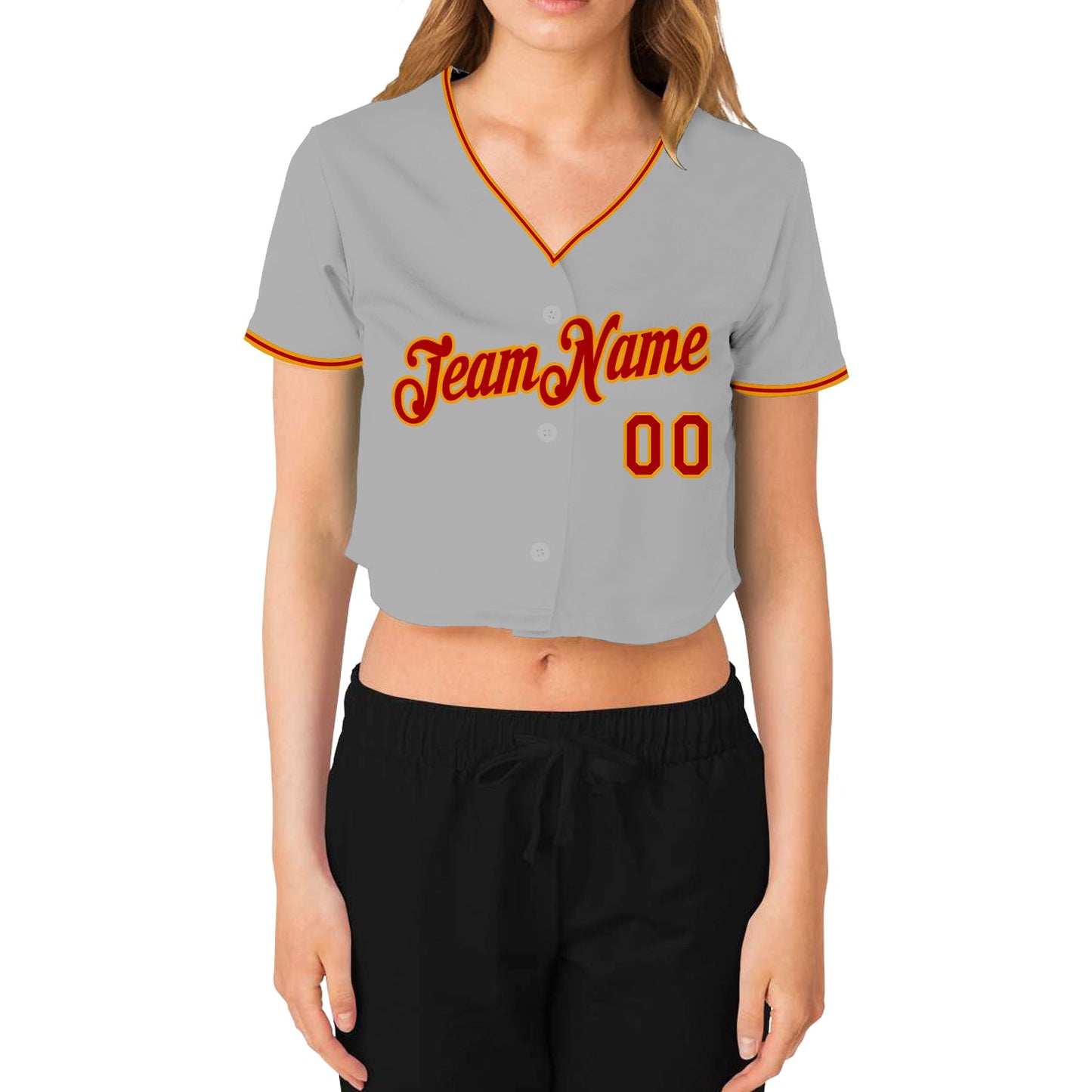 Custom Women's Gray Red-Gold V-Neck Cropped Baseball Jersey - Sky-Custom