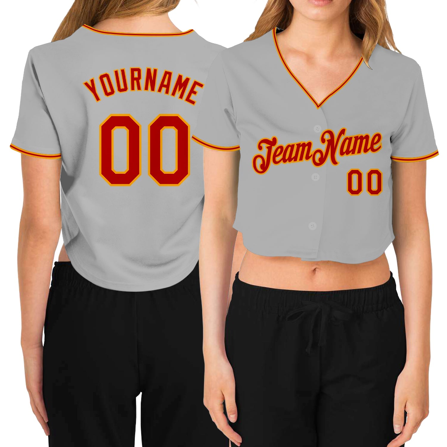 Custom Women's Gray Red-Gold V-Neck Cropped Baseball Jersey - Sky-Custom
