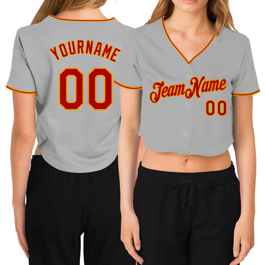 Custom Women's Gray Red-Gold V-Neck Cropped Baseball Jersey - Sky-Custom
