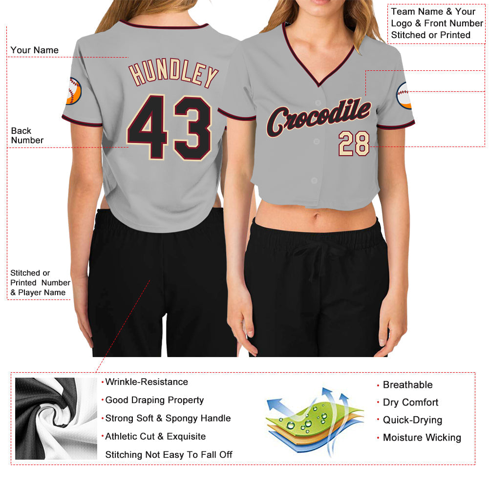 Custom Women's Gray Black Crimson-Cream V-Neck Cropped Baseball Jersey - Sky-Custom