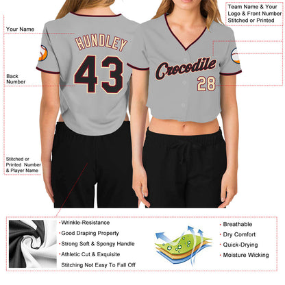 Custom Women's Gray Black Crimson-Cream V-Neck Cropped Baseball Jersey - Sky-Custom